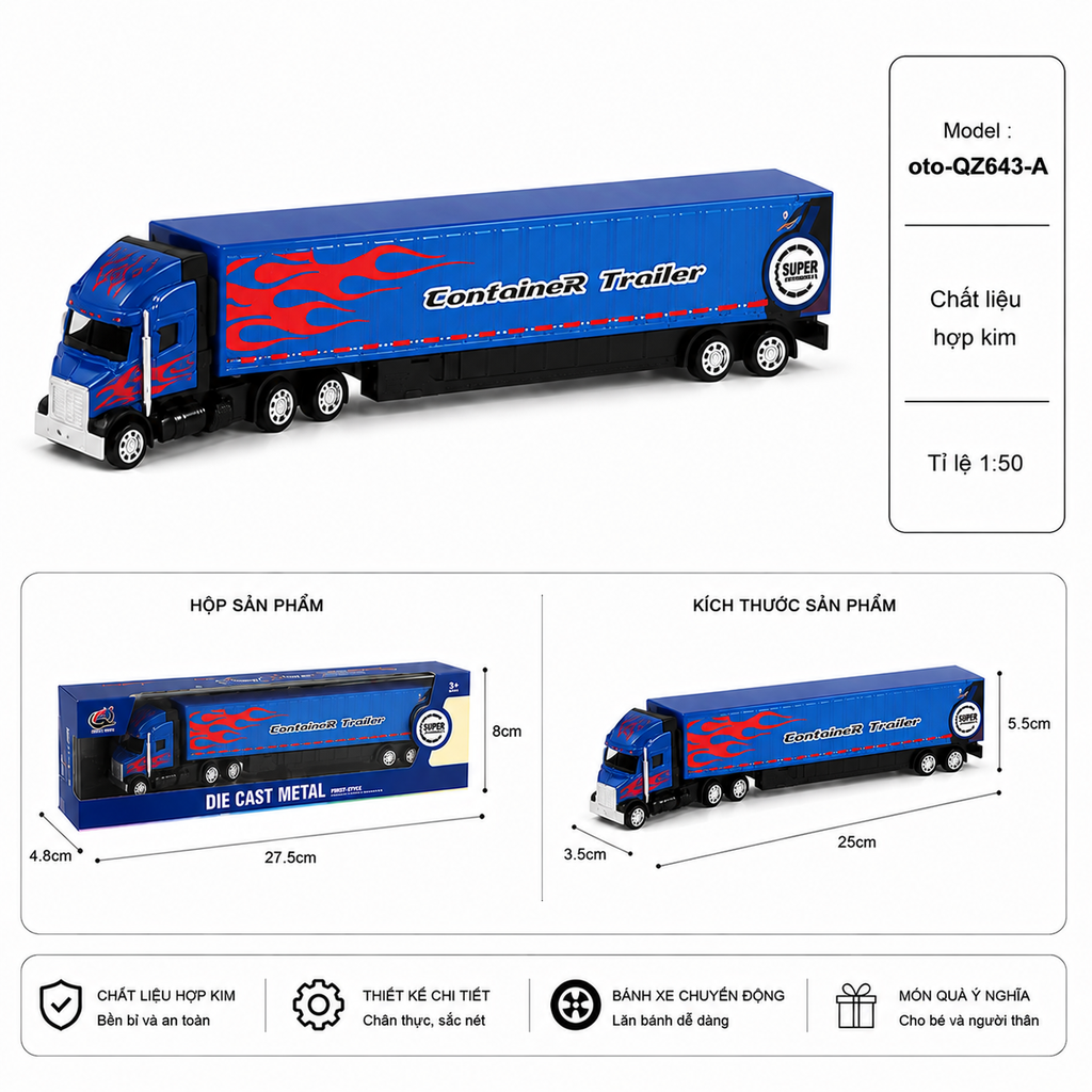 Xe container nhiều màu sắc , chất liệu hợp kim , tỉ lệ 1:64 - SKU : oto-QZ643-A - ( Vat : 003-01-35 )