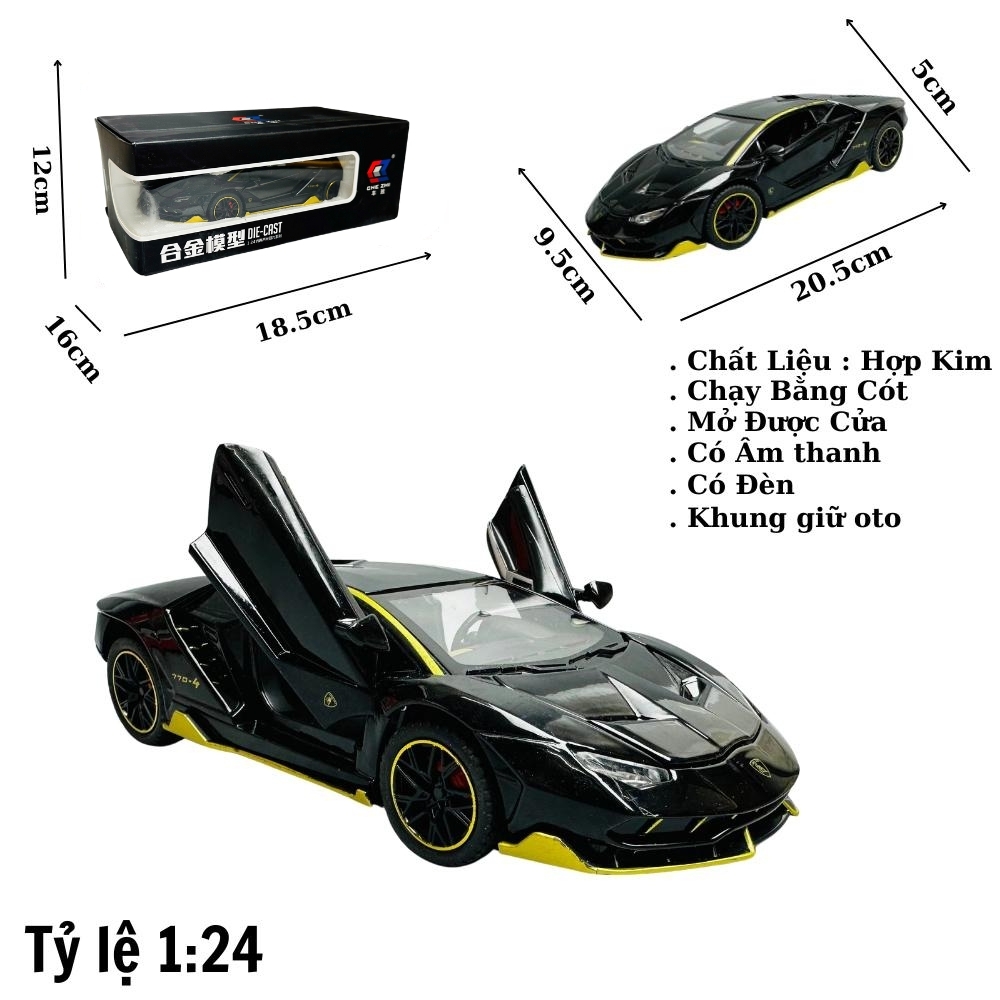 Mô Hình Xe Lamboghini 1:24 đen Hợp kim có thể mở cửa - bánh sau chạy cót - Có tiếng - đèn pha sáng - Dài 20.5cm - rộng 9.5cm - cao 5cm - nặng : 500gram - FULL BOX : box màu SKU : oto121 - (VAT: 003-01-150) - K63-T3-S1