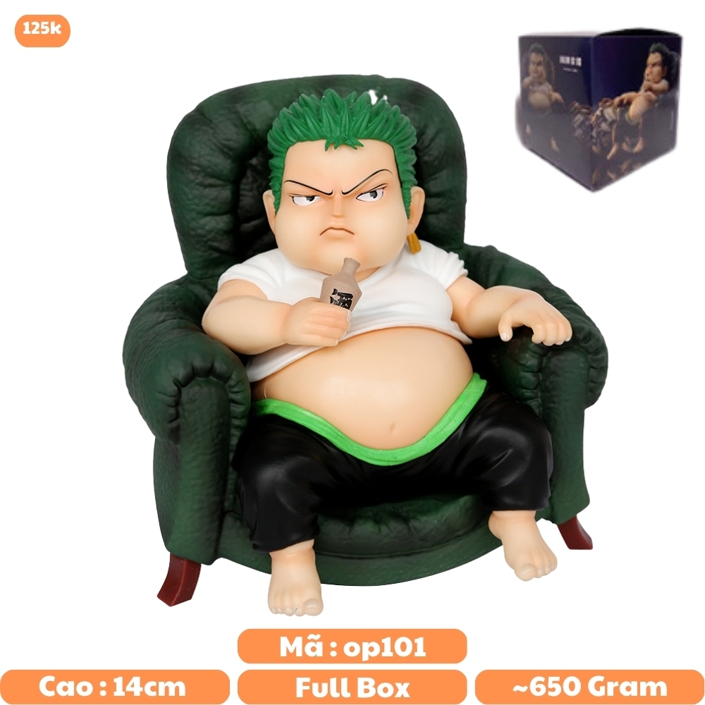 Mô Hình OnePiece zoro béo ngồi ghế - Cao 14.5cm - nặng 650gram + có Box + phụ kiện có bình rượu cầm tay - Figure OnePiece - Có Hộp - K18-T3-S1