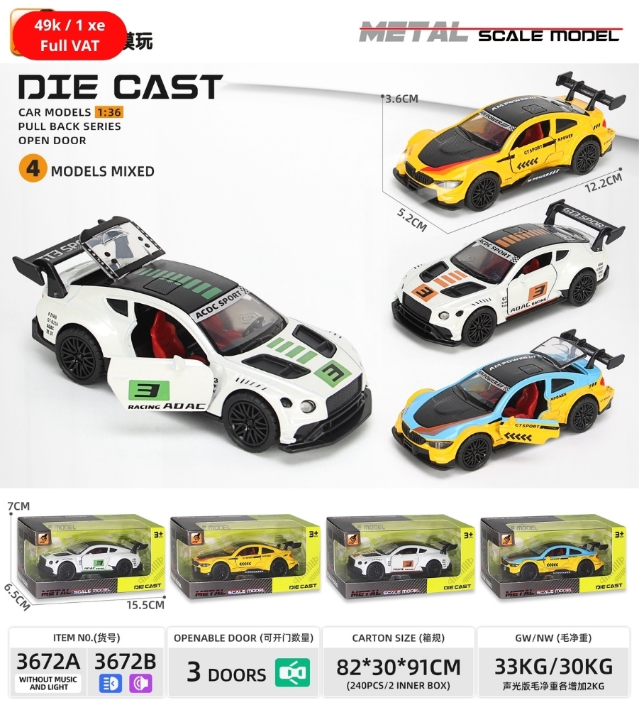 Mô Hình xe đua chất liệu hợp kim , tỉ lệ 1:36 - Dài 12.2cm - rộng 5.2cm - cao 3.6cm - SKU : oto-3672A - ( Vat : 003-01-35 )