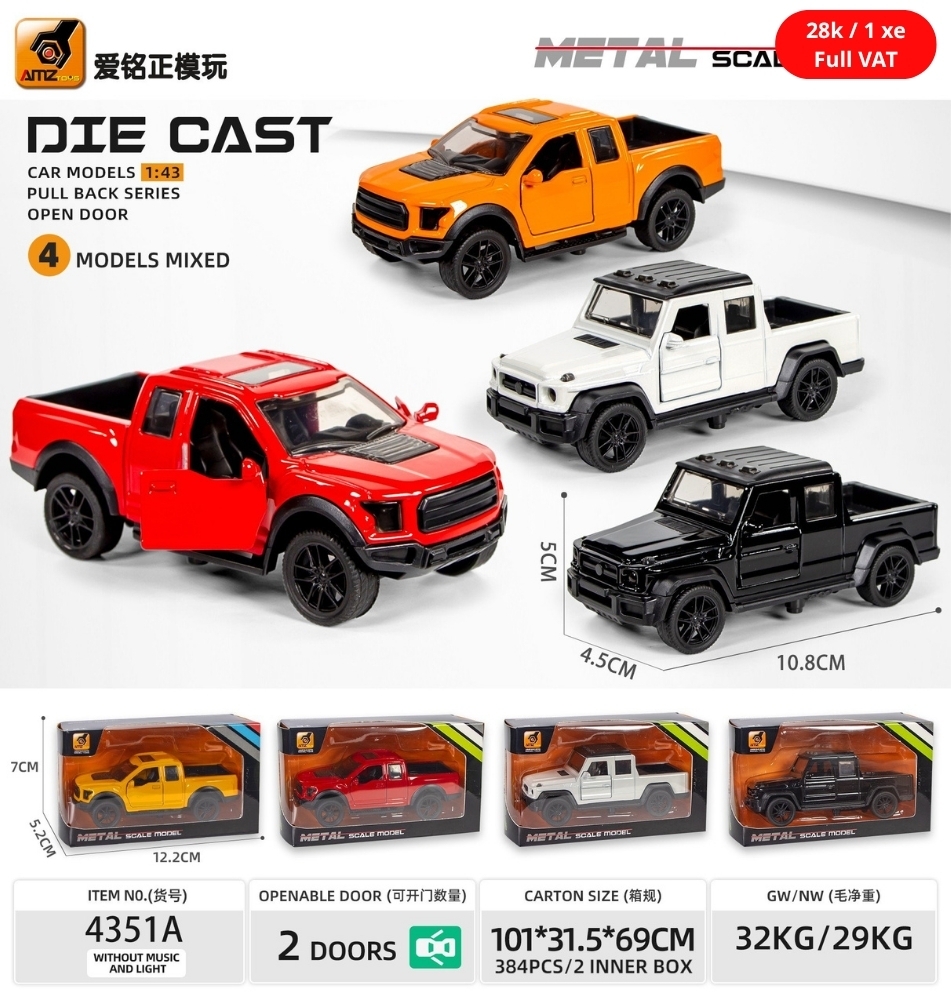 Mô Hình xe Oto Bán Tải hợp kim , tỉ lệ 1:43 - Dài 10.8cm - rộng 4.5cm - cao 5cm- SKU : oto-4351A - ( Vat : 003-01-20 ) -