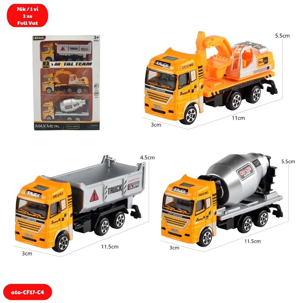 Mô Hình 3 Oto Xây Dựng hợp kim , tỉ lệ 1:64 - Dài 12cm - rộng 3.5cm - cao 5cm- SKU : oto-CF17-C4 - ( Vat : 003-03-50 ) - K55-T4-S4