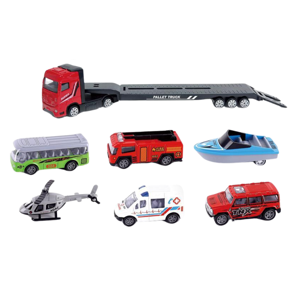 Mô Hình xe container chở xe con và máy bay trực thăng ( Ngẫu Nhiên ) , tỉ lệ 1:64, chất liệu hợp kim và nhựa - Dài 29cm - rộng 4.8cm  - cao 9cm - SKU : oto-QZ635-D - ( Vat : 003-01-35 )