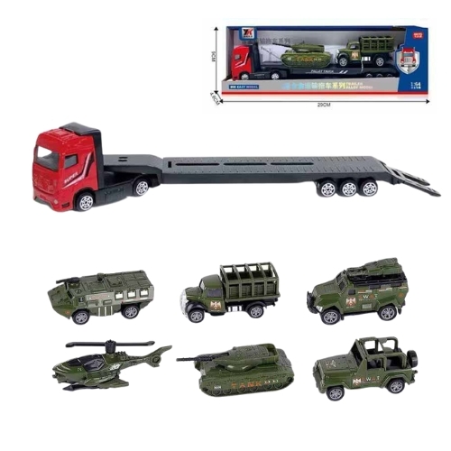 Mô Hình xe container chở xe quân sự , tỉ lệ 1:64, chất liệu hợp kim và nhựa - Dài 29cm - rộng 4.8cm  - cao 9cm - SKU : oto-QZ635-A -( Vat : 003-01-35 ) -