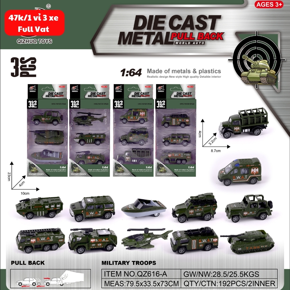 Bộ 3 xe quân sự hợp kim , tỉ lệ 1:64 - SKU : oto-QZ616-A - ( Vat : 003-03-30 )
