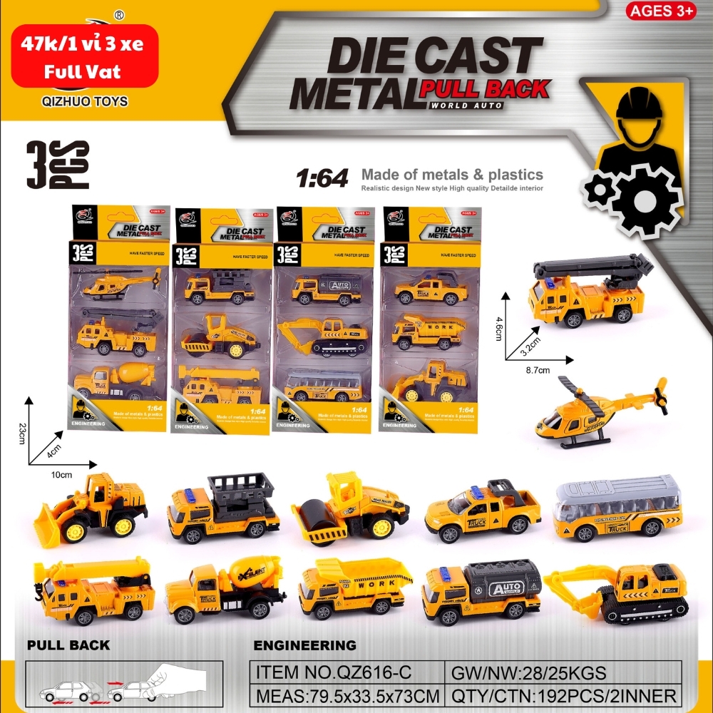 Bộ 3 xe phương tiện công trình xây dựng hợp kim , tỉ lệ 1:64 - Dài 8.7cm - rộng 3.2cm - cao 4.6cm- SKU : oto-QZ616-C - ( Vat : 003-03-30 )