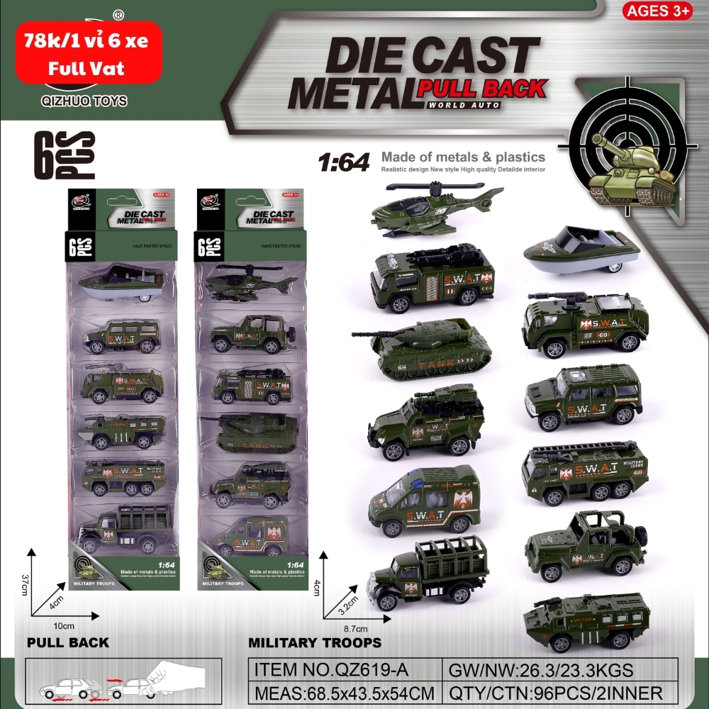 Mô Hình 1 vỉ 6 Xe Quân Sự - Cao 32cm - Ngang 10cm - Vỉ Nhựa SKU : oto-QZ619-A - ( Vat : 003-03-50 )
