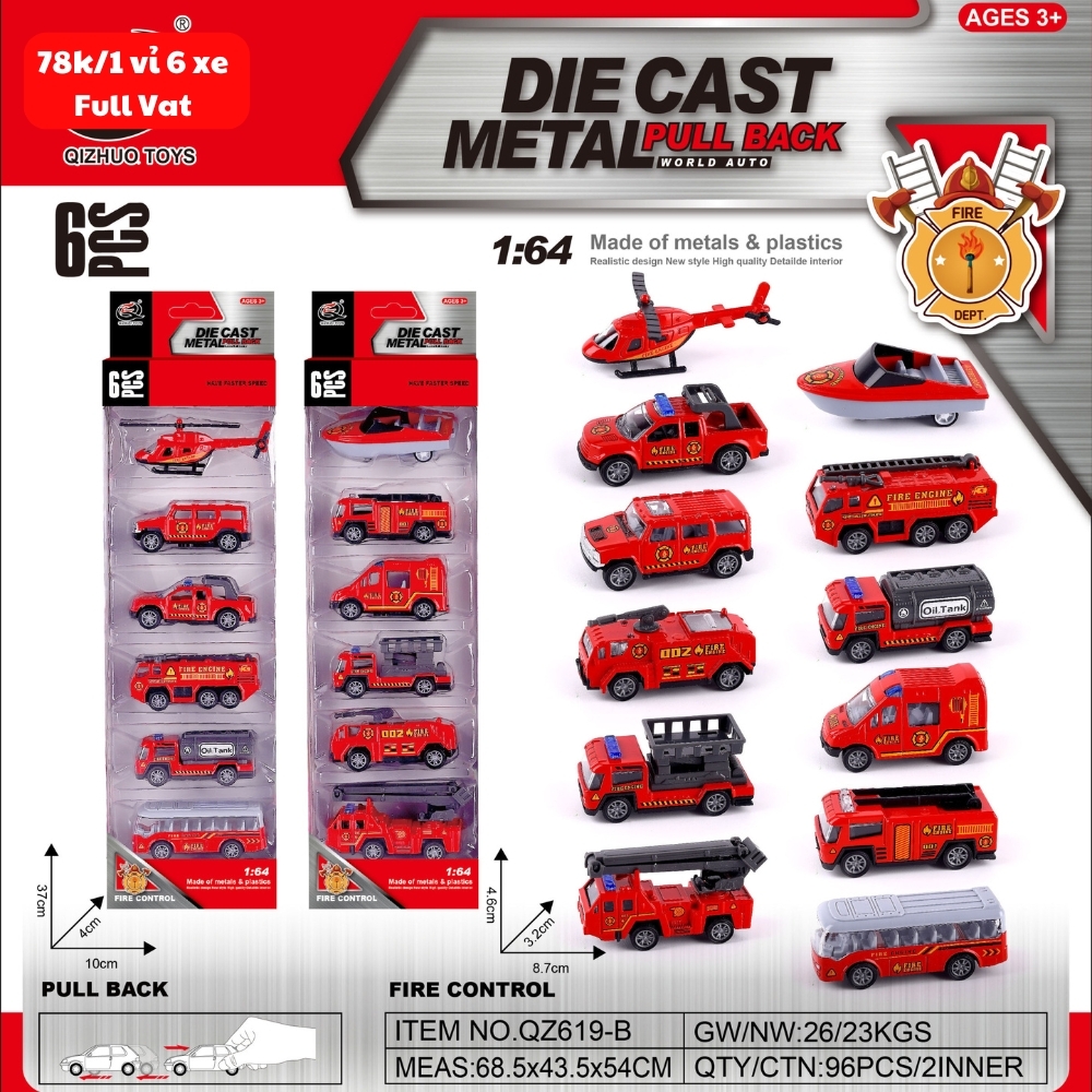 Mô Hình 1 vỉ 6 Xe Cứu Hỏa - Cao 32cm - Ngang 10cm - Vỉ Nhựa SKU : oto-QZ619-B - ( Vat : 003-03-50 )