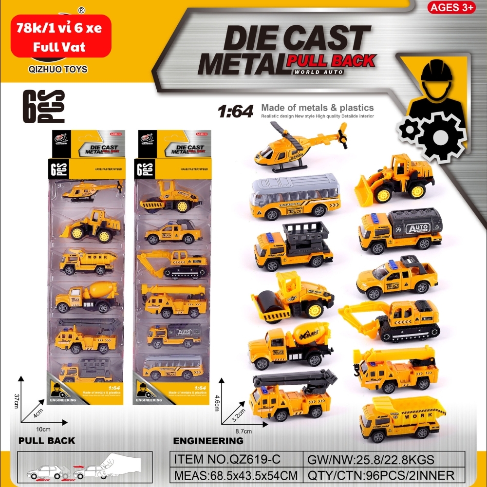 Mô Hình 1 vỉ 6 Xe Công Trình - Cao 32cm - Ngang 10cm - Vỉ Nhựa SKU : oto-QZ619-C - ( Vat : 003-03-50 )