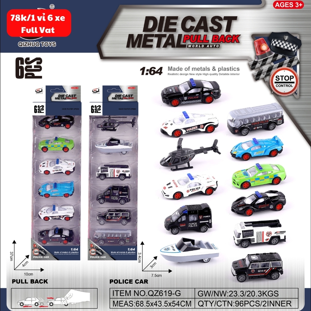 Mô Hình 1 vỉ 6 Xe cảnh sát - Cao 32cm - Ngang 10cm - Vỉ Nhựa SKU : oto-QZ619-G - ( Vat : 003-03-50 )