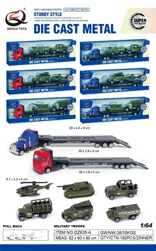 Mô Hình xe container chở xe quân sự , tỉ lệ 1:64, chất liệu hợp kim và nhựa - Dài 29cm - rộng 4.8cm  - cao 9cm - SKU : oto-QZ635-A -( Vat : 103-01-35 ) - K32-T2-S3-4