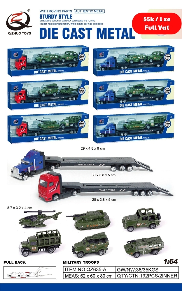 Mô Hình xe container chở xe quân sự , tỉ lệ 1:64, chất liệu hợp kim và nhựa - Dài 29cm - rộng 4.8cm  - cao 9cm - SKU : oto-QZ635-A -( Vat : 003-01-35 ) -