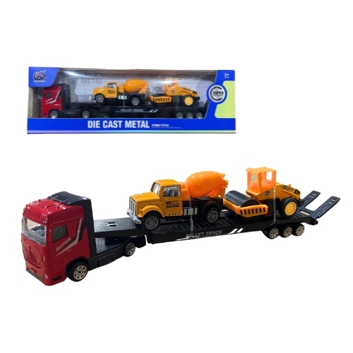Mô Hình xe container chở xe xây dựng , tỉ lệ 1:64, chất liệu hợp kim và nhựa - Dài 29cm - rộng 4.8cm - cao 9cm - SKU : oto-QZ635-C -( Vat : 003-01-35 ) - T4