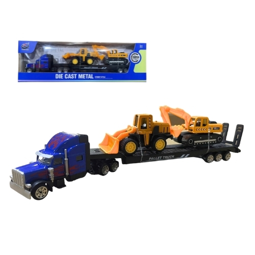 Mô Hình xe container chở xe xây dựng , tỉ lệ 1:64, chất liệu hợp kim và nhựa - Dài 29cm - rộng 4.8cm - cao 9cm - SKU : oto-QZ635-C -( Vat : 003-01-35 ) - T4