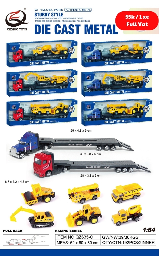 Mô Hình xe container chở xe xây dựng , tỉ lệ 1:64, chất liệu hợp kim và nhựa - Dài 29cm - rộng 4.8cm - cao 9cm - SKU : oto-QZ635-C -( Vat : 003-01-35 ) - T4