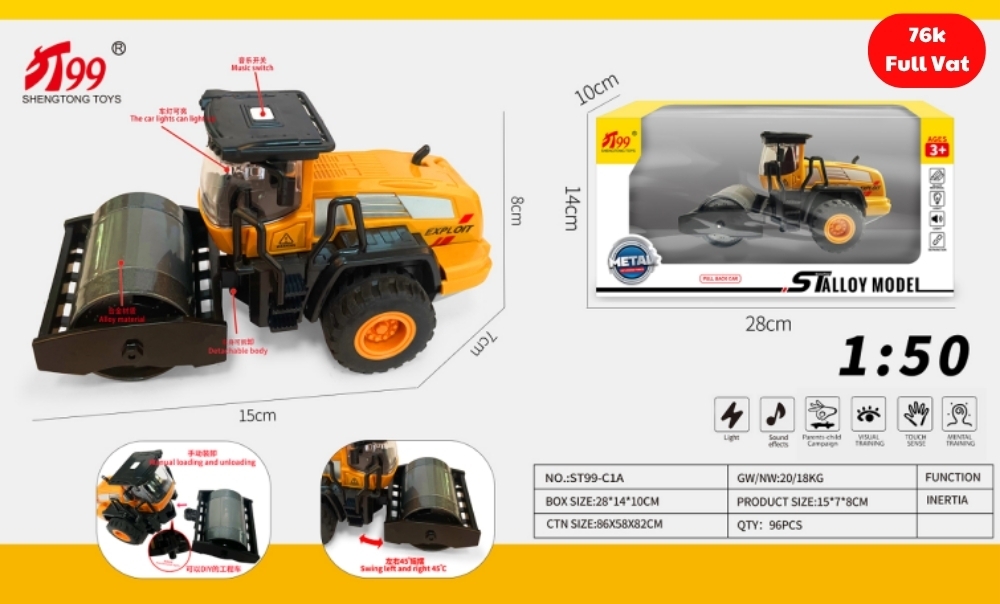 Mô Hình Công Trình Xe Lu , tỉ lệ 1:50 , chất liệu hợp kim và nhựa - Dài 15cm - rộng 7cm - cao 8cm - SKU : oto-ST99-C1A