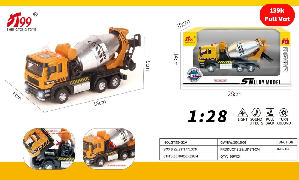 Mô Hình Xe Tải Chở Bồn Bê Tông , tỉ lệ 1:28 , chất liệu hợp kim - Dài 18cm - rộng 6cm - cao 9cm - SKU : oto-ST99-G2A - ( VAT : 003-02-100 ) - K88-T1-S4