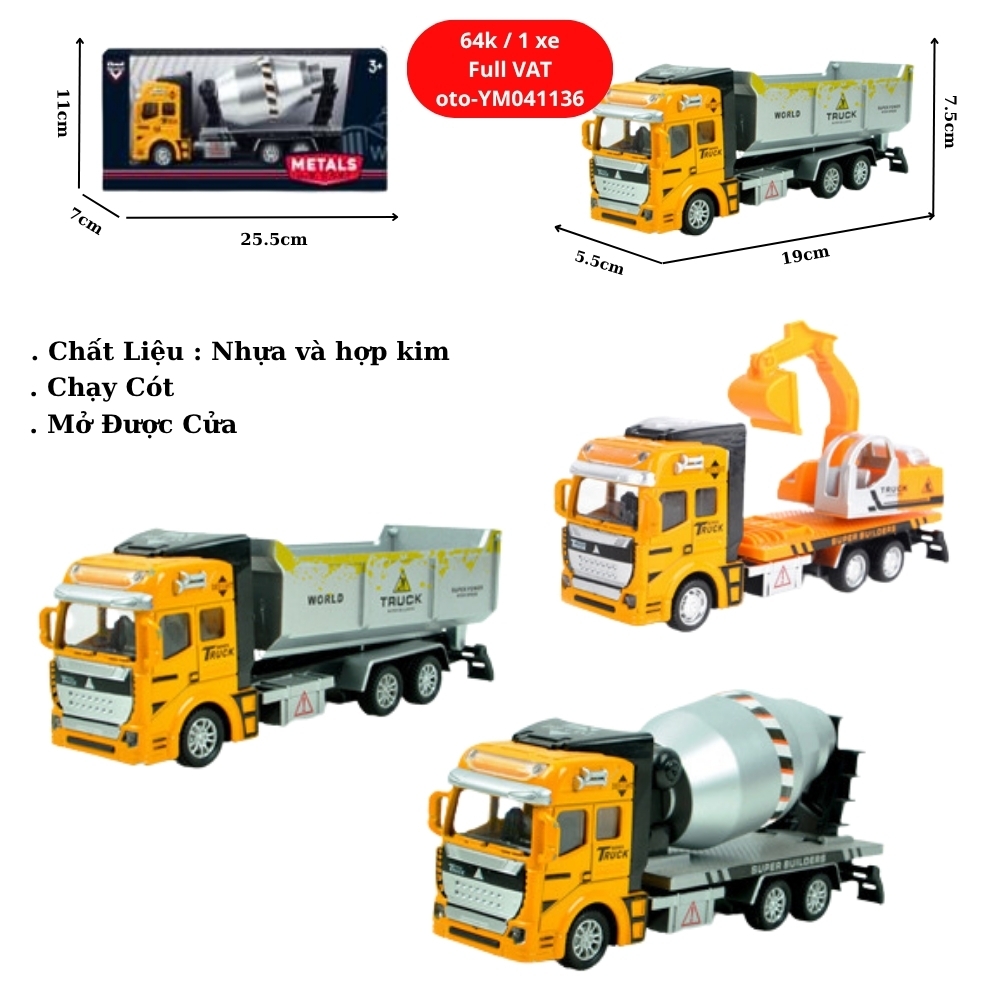Mô Hình 3 loại Xe công trình  , chất liệu hợp kim và nhựa - Dài 19cm - rộng 5.5cm - cao 7.5cm - SKU : oto-YM041136 ( VAT : 003-02-40 )