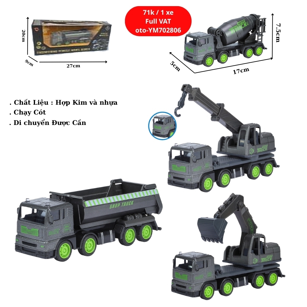 Mô Hình 4 loại Xe công trình xanh đen , chất liệu hợp kim và nhựa - Dài 17cm - rộng 5cm - cao 7.5cm - SKU : oto-YM702806 - ( VAT 003-02-40 )