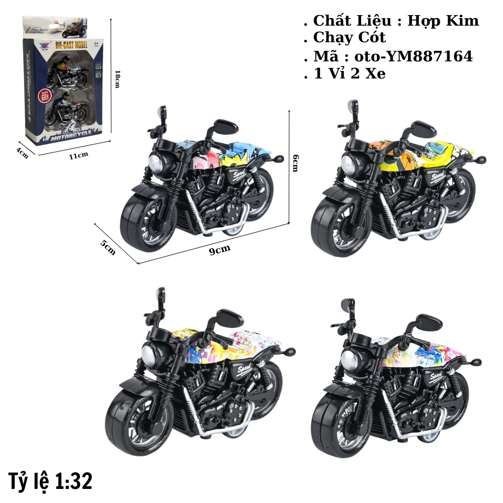 Mô Hình 1 vỉ 2 Xe harley , Tỉ Lệ 1:32 - bánh sau chạy cót - Dài 9cm - rộng 5cm - cao 6cm - nặng : 300gram - FULL BOX : box màu SKU : oto-YM887164  ( VAT 003-08-30 )- K183B3 - K55-T4-S6