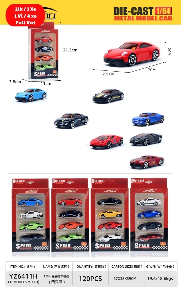 Mô Hình Xe Tổng Hợp tỉ lệ 1:64 - Cao 21cm- Ngang 11cm ( Giá 1 xe - 4 xe 1 vỉ - đặt số lượng 4 ) - Box Màu SKU : oto-YZ6411H - ( Vat - DCM473-10 ) K71-T3-S11