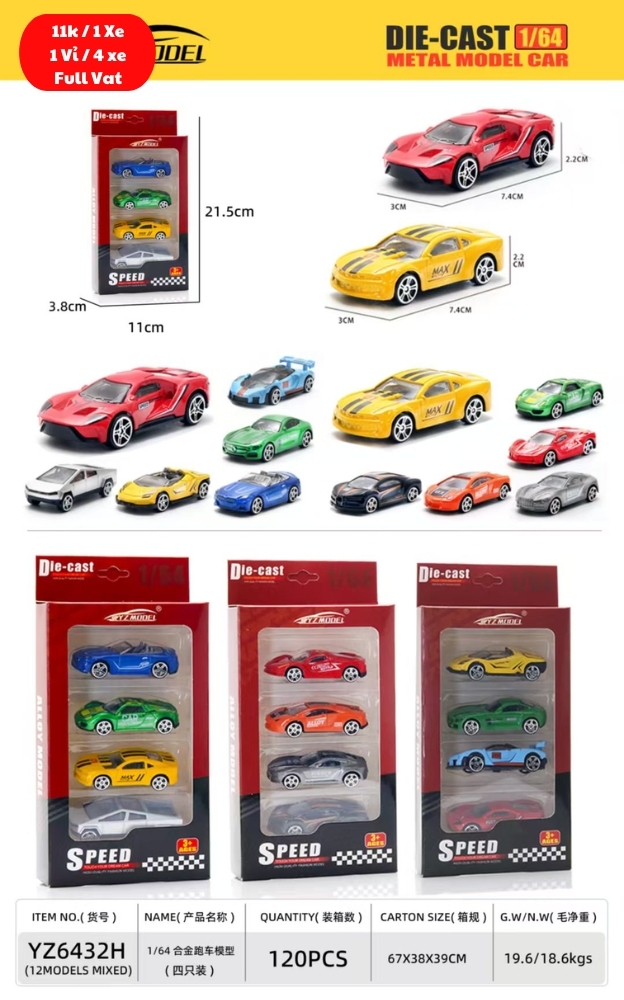 Mô Hình Xe Tổng Hợp tỉ lệ 1:64 - Cao 21cm- Ngang 11cm ( Giá 1 xe - 4 xe 1 vỉ - đặt số lượng 4 ) - Box Màu - SKU : oto-YZ6432H - ( Vat DCM473-10 )