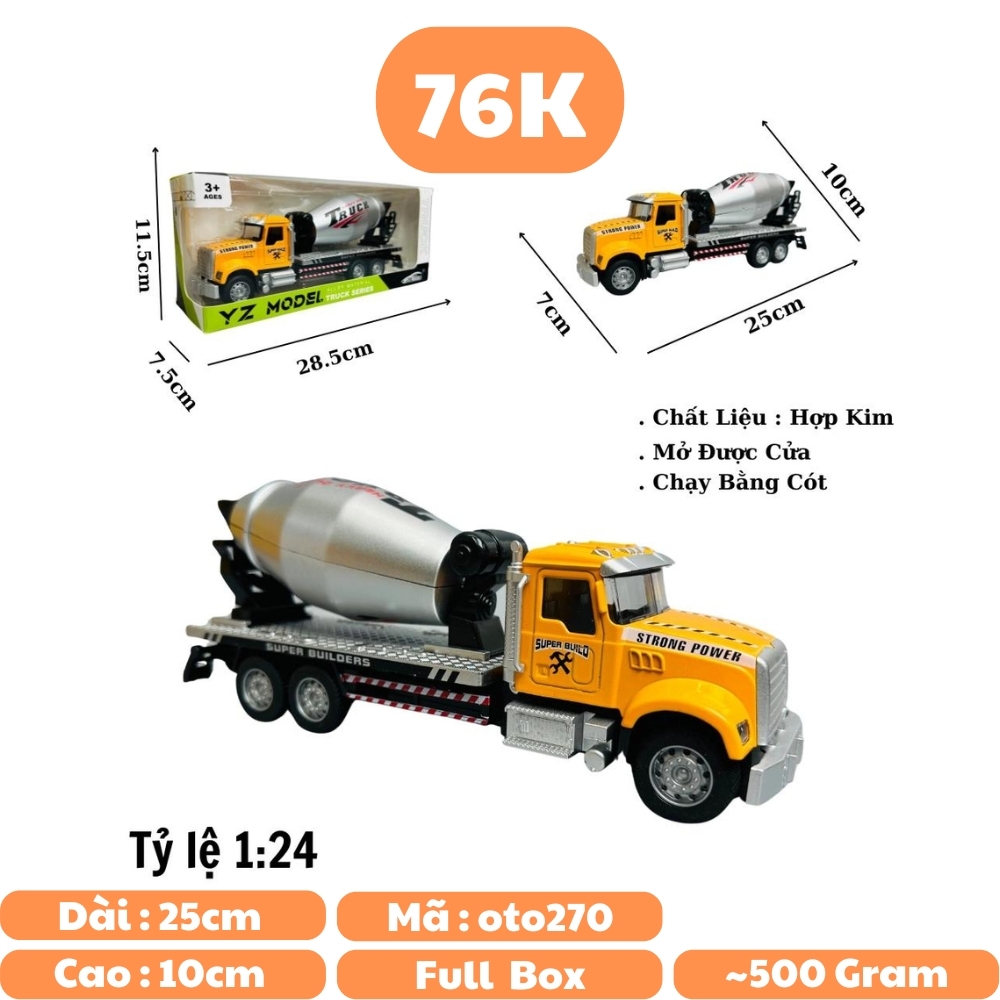 Mô Hình xe trộn bê tông tỉ lệ 1:24 Hợp kim có thể mở cửa - bánh sau chạy cót - Dài 25cm - rộng 7cm - cao 10cm - nặng : 500gram - FULL BOX : box màu SKU : oto270