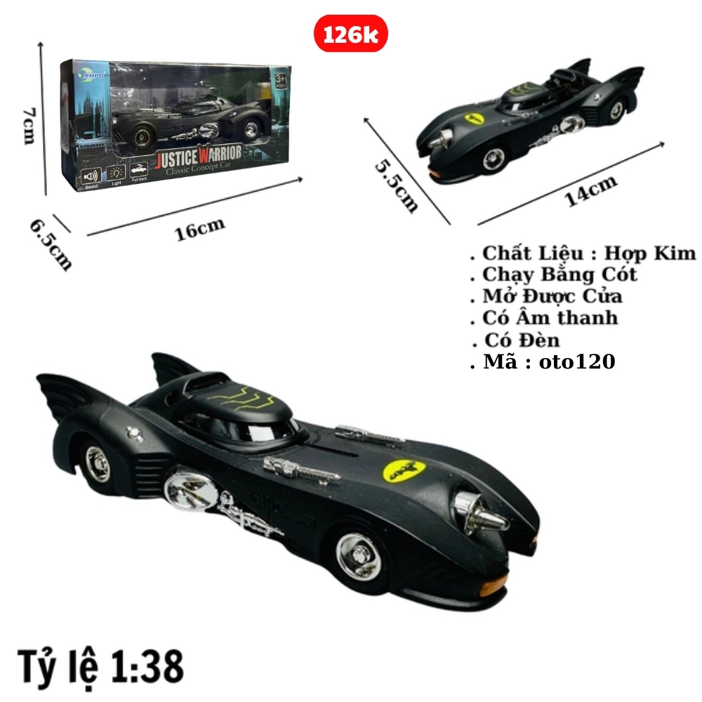 Mô Hình Xe batman 1:38 có hộp meca trừng bày - Hợp kim có thể mở cửa - bánh sau chạy cót - Có tiếng - đèn pha sáng - Dài 14cm - rộng 5.5cm - cao 4cm - nặng : 200gram - FULL BOX : lót xốp , không hộp màu - SKU : oto120 - ( Vat : 003-98 )  K68-T4-S7