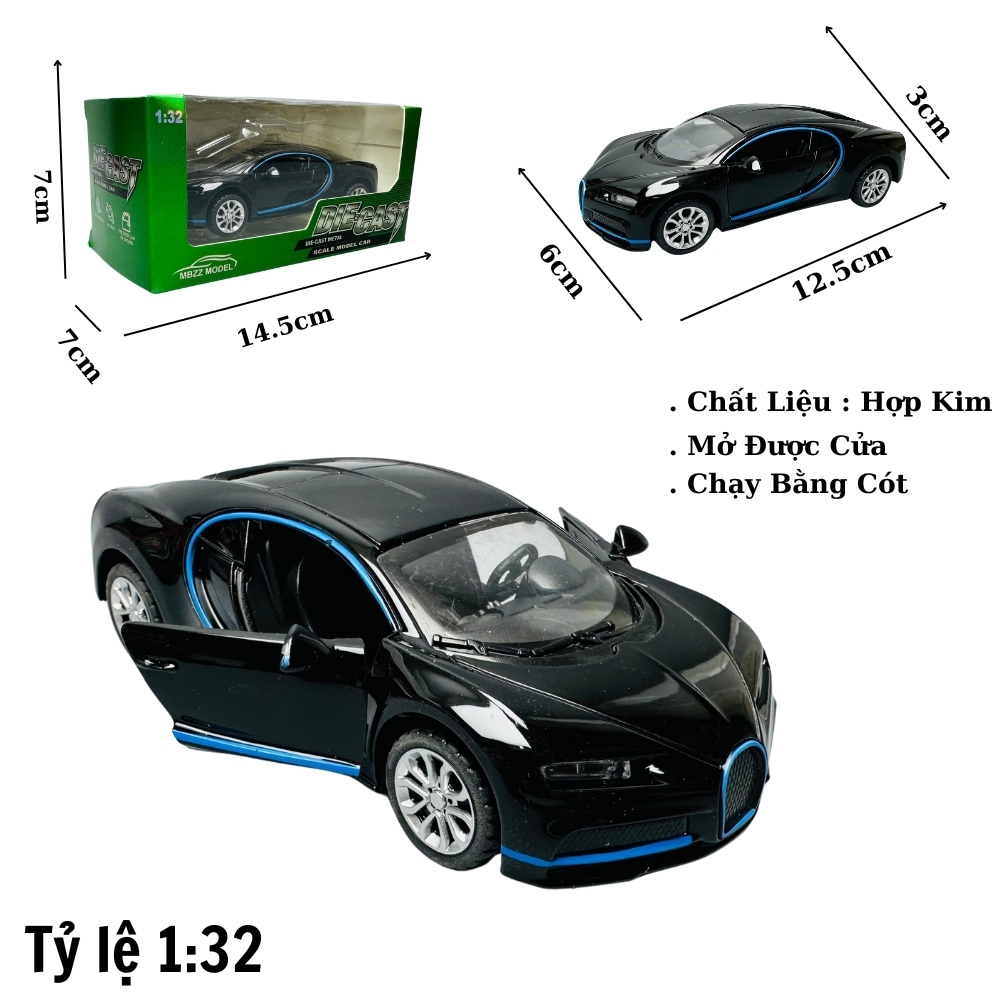 Mô Hình xe Bugati đen viền xanh tỉ lệ 1:32 Hợp kim có thể mở cửa - bánh sau chạy cót - Dài 12.5cm - rộng 6cm - cao 3cm nặng : 200gram - FULL BOX : box màu SKU : oto207 -
