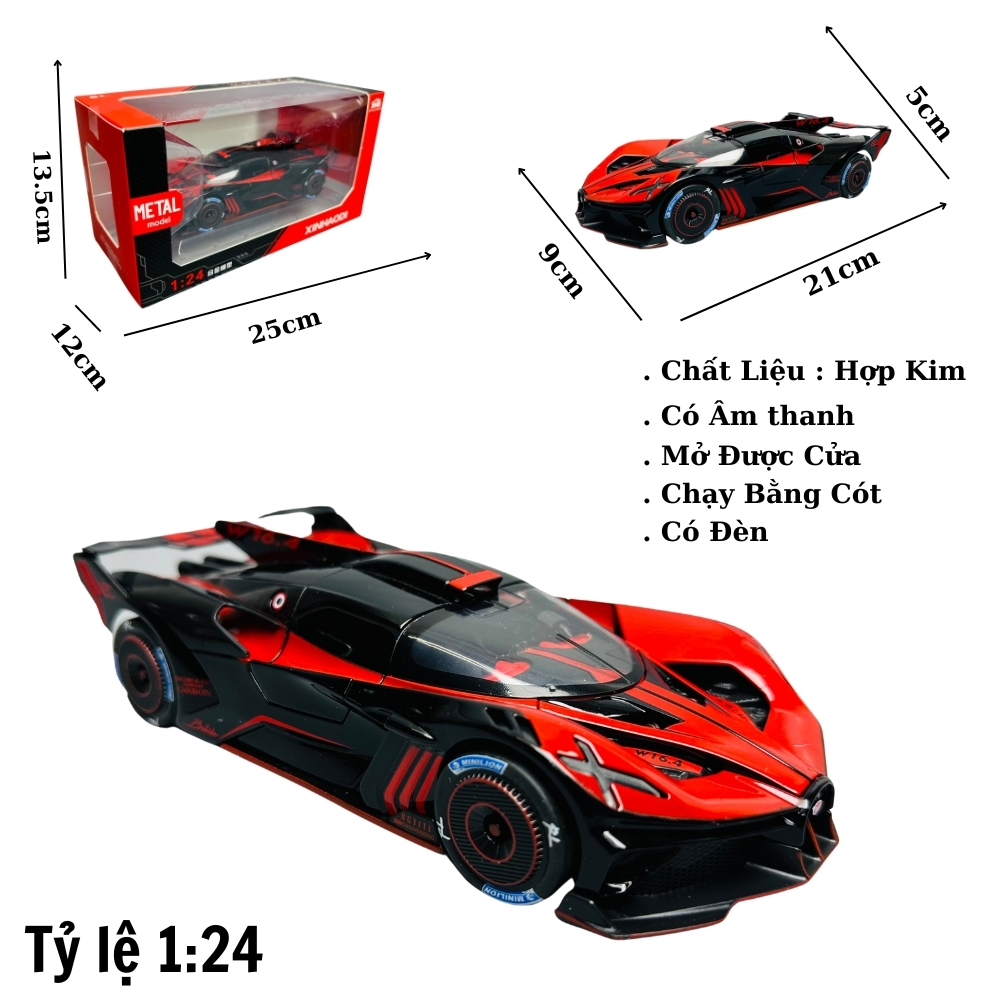 Mô Hình Xe bugati màu đỏ đen 1:24 Hợp kim - Có tiếng - đèn pha sáng - Dài 21cm - rộng 9cm - cao 5cm - nặng ~ 800gram - FULL BOX : box màu SKU : oto223 - (VAT: 003-01-180)