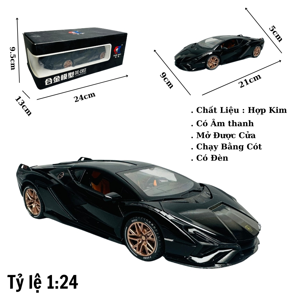Mô Hình Xe lamborgini đen 1:24 Hợp kim - Có tiếng - đèn pha sáng - Dài 21cm - rộng 9cm - cao 5cm - nặng ~ 800gram - FULL BOX : box màu SKU : oto227 - K65-T3-S2