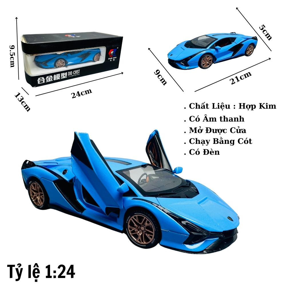 Mô Hình Xe lamborgini xanh dương 1:24 Hợp kim - Có tiếng - đèn pha sáng - Dài 21cm - rộng 9cm - cao 5cm - nặng ~ 800gram - FULL BOX : box màu SKU : oto228