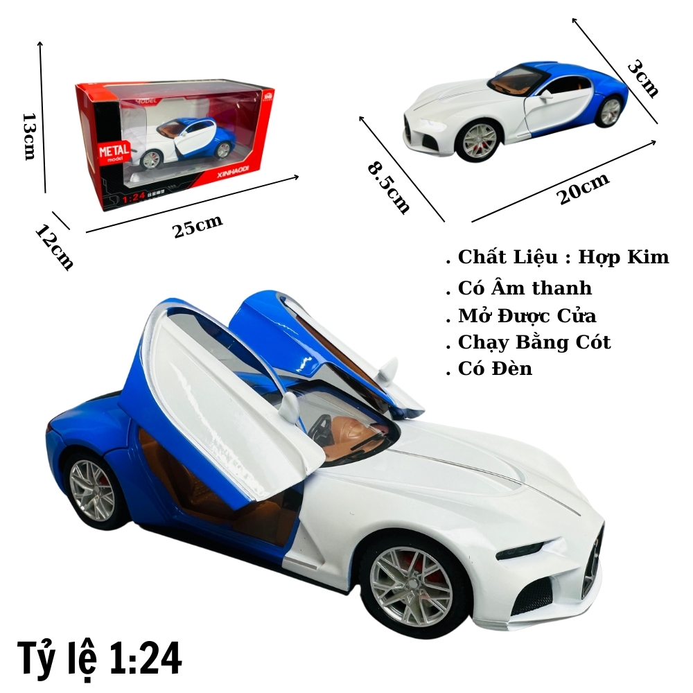 Mô Hình xe bugati xanh trắng 1:24 Hợp kim - Có tiếng - đèn pha sáng - Dài 20cm - rộng 8.5cm - cao 3cm - nặng ~ 800gram - FULL BOX : box màu SKU : oto261 - ( VAT : 003-01-180 ) - K66-T3-S7