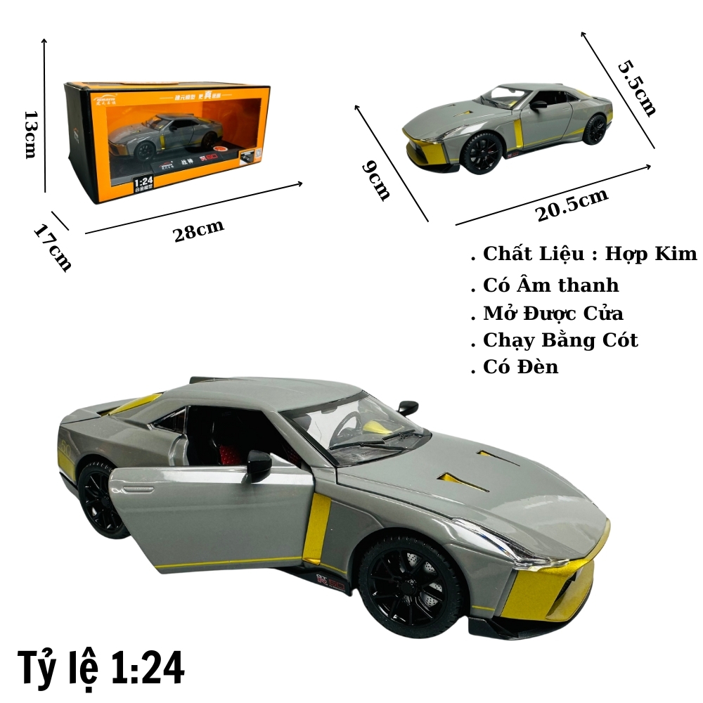 Mô Hình xe nissan xám ngọc tỉ lệ 1:24 Hợp kim có thể mở cửa - bánh sau chạy cót - Dài 20.5cm - rộng 9cm - cao 5.5cm - nặng : 1000gram - FULL BOX : box màu SKU : oto284