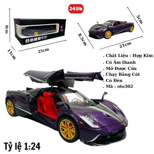 Mô Hình xe Pagani tím tỉ lệ 1:24 Hợp kim có thể mở cửa - bánh sau chạy cót - Dài 21cm - rộng 9cm - cao 5cm - nặng : 1000gram - FULL BOX : box màu SKU : oto302 - (VAT: 003-01-180) - K65-T4-S8