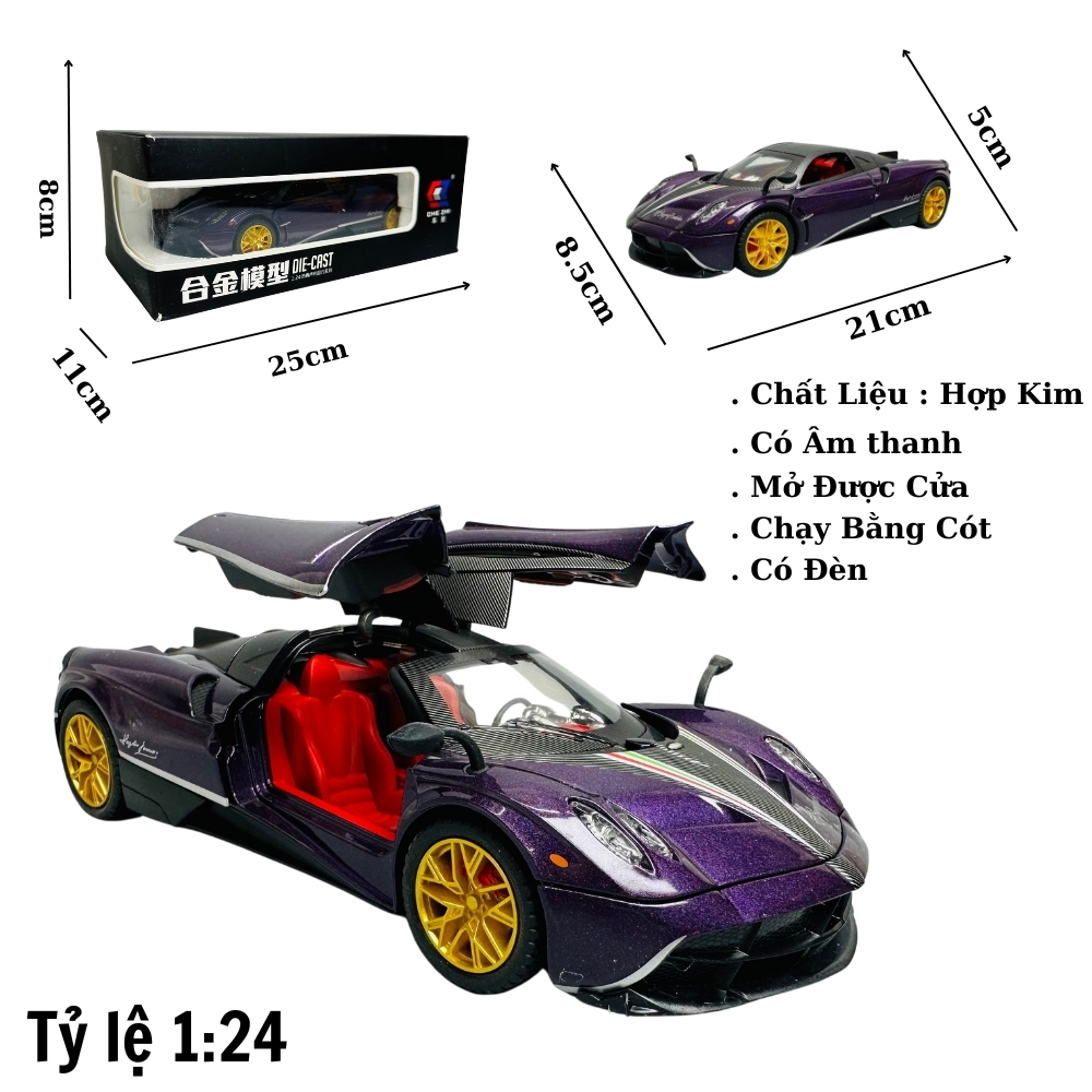Mô Hình xe Pagani tím tỉ lệ 1:24 Hợp kim có thể mở cửa - bánh sau chạy cót - Dài 21cm - rộng 9cm - cao 5cm - nặng : 1000gram - FULL BOX : box màu SKU : oto302 - (VAT: 003-01-180) - K65-T4-S8