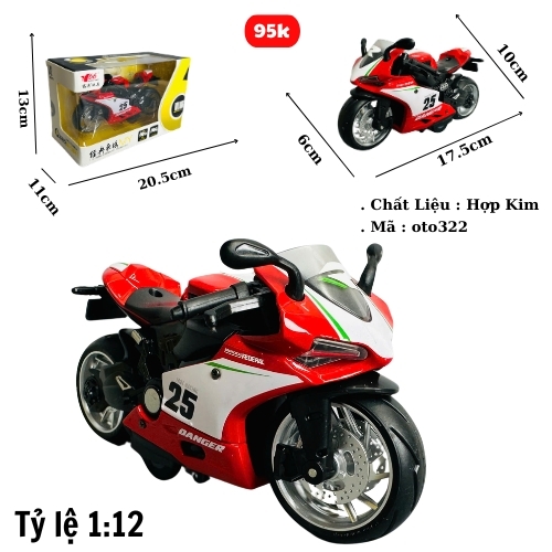 Mô Hình xe máy danger đỏ 25 1:12 Hợp kim - Dài 17.5cm - rộng 6cm - cao 10cm - nặng ~ 700gram - FULL BOX : box màu SKU : oto322 -( VAT 003-97 )- K66-T4-S5