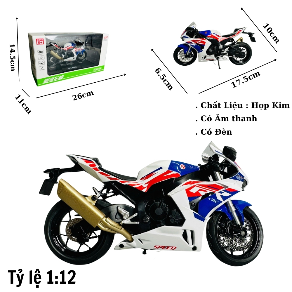 Mô Hình xe máy cbr1000 1:12 xanh đỏ trắng Hợp kim - Có tiếng - đèn pha sáng - Dài 17.5cm - rộng 6cm - cao 10cm - nặng ~ 1000gram - FULL BOX : box màu SKU : oto336 - ( Vat : 003-95 )- K66-T5-S4