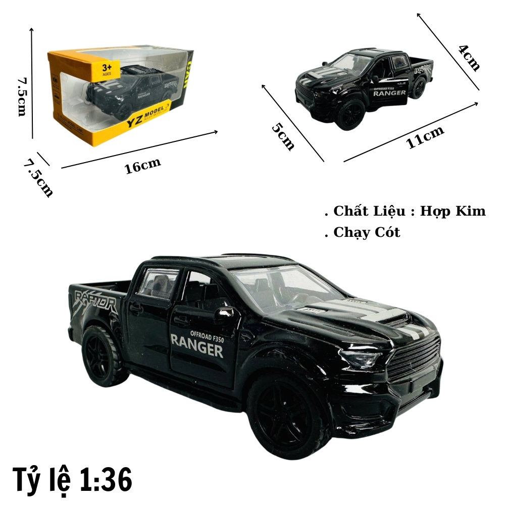 Mô Hình xe bán tải đen tỉ lệ 1:36 Hợp kim có thể mở cửa - bánh sau chạy cót - Dài 11cm - rộng 5cm - cao 4cm - nặng : 500gram - FULL BOX : box màu SKU : oto342
