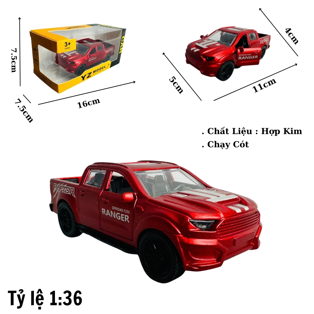 Mô Hình xe bán tải đỏ tỉ lệ 1:36 Hợp kim có thể mở cửa - bánh sau chạy cót - Dài 11cm - rộng 5cm - cao 4cm - nặng : 500gram - FULL BOX : box màu SKU : oto343