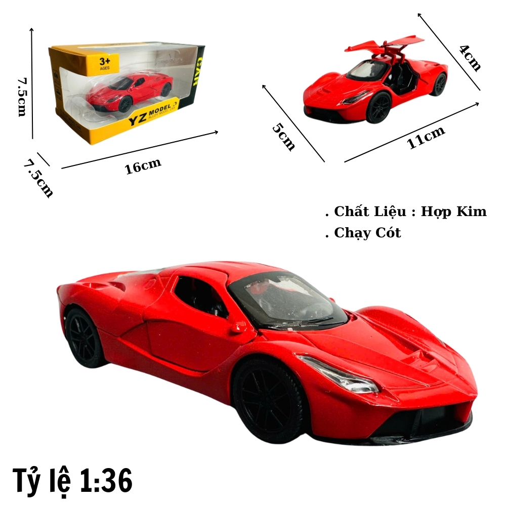Mô Hình Laferari đỏ đỏ tỉ lệ 1:36 Hợp kim có thể mở cửa - bánh sau chạy cót - Dài 11cm - rộng 5cm - cao 4cm - nặng : 500gram - FULL BOX : box màu SKU : oto352 -