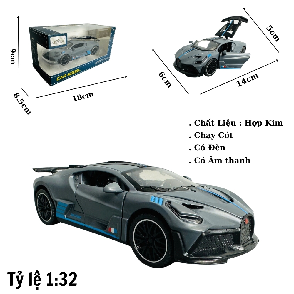 Mô Hình xe Bugati xám tỉ lệ 1:32 Hợp kim có thể mở cửa - bánh sau chạy cót - Dài 14cm - rộng 6cm - cao 5cm - nặng : 500gram - FULL BOX : box màu SKU : oto368