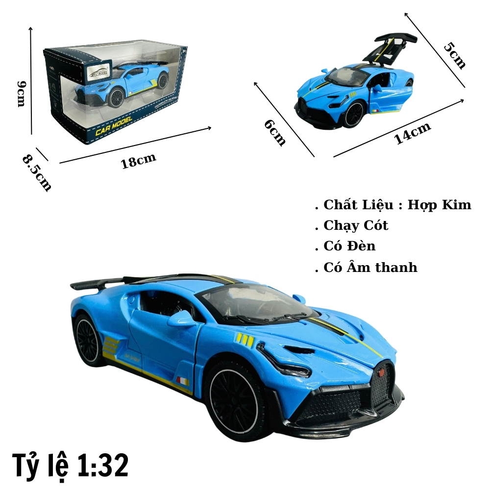 Mô Hình xe Bugati xanh biển tỉ lệ 1:32 Hợp kim có thể mở cửa - bánh sau chạy cót - Dài 14cm - rộng 6cm - cao 5cm - nặng : 500gram - FULL BOX : box màu SKU : oto372 -