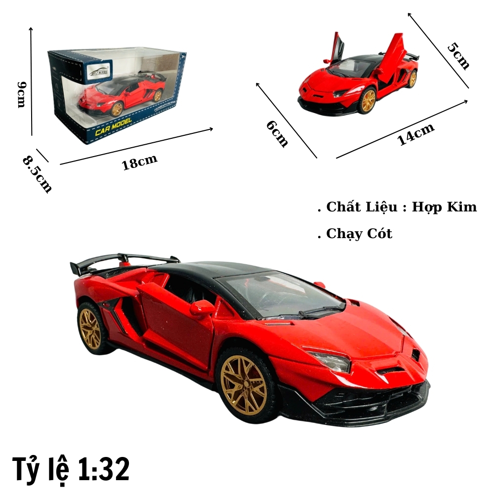 Mô Hình xe Lambor đỏ bánh vàng tỉ lệ 1:32 Hợp kim có thể mở cửa - bánh sau chạy cót - Dài 14cm - rộng 6cm - cao 5cm - nặng : 500gram - FULL BOX : box màu SKU : oto380 -