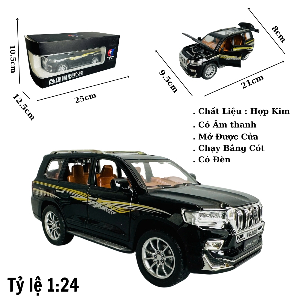 Mô Hình xe Landcruiser prado đen tỉ lệ 1:24 Hợp kim có thể mở cửa - bánh sau chạy cót - Dài 21cm - cao 8cm - nặng 1000gram - Figure Oto - FULL BOX : box màu - SKU : oto396 - ( VAT : 003-01-180) -K66-T3-S6