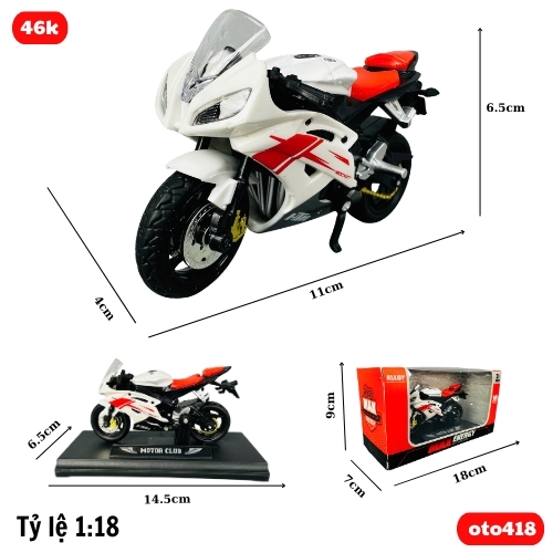 Mô Hình xe máy Trắng Yên Đỏ 1:18 Hợp kim - Dài 11cm - rộng 4cm - cao 6.5cm - nặng ~ 300gram - FULL BOX : box màu SKU : oto418- ( VAT : DC002 )- K70-T2-S11
