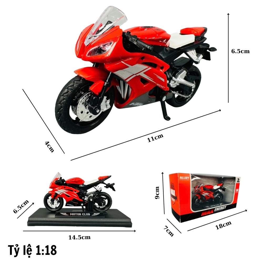 Mô Hình xe máy Đỏ Yên Trắng 1:18 Hợp kim - Dài 11cm - rộng 4cm - cao 6.5cm - nặng ~ 300gram - FULL BOX : box màu SKU : oto419 - ( Vat : DC002 )- K70-T1-S8