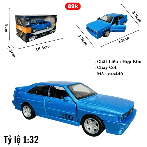 Mô Hình xe Audi Quattro 1980 xanh tỉ lệ 1:32 Hợp kim có thể mở cửa - bánh sau chạy cót - Dài 12cm - rộng 4.5cm - cao 3.5cm - nặng : 300gram - FULL BOX : box màu SKU : oto449 -( VAT 003-97 )- K70-T4-S6