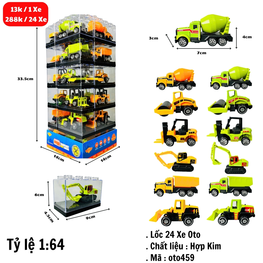 Xe Xây Dựng 1:64 siêu đẹp có bán ngẫu nhiên và theo lốc 24 xe - Xe Hợp Kim Xây Dựng -  Cao 33cm Ngang 14cm - Hộp Nhựa Trong