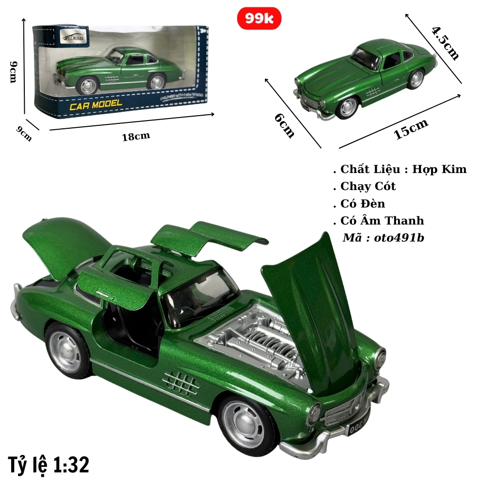 Mô Hình Xe Mẹc Cổ xanh lá , tỉ lệ 1:32 Hợp kim có thể mở cửa - bánh sau chạy cót - Có Âm Thanh - Dài 15cm - rộng 6cm - cao 4.5cm - nặng : 500gram - FULL BOX : box màu SKU : oto491b - ( VAT 003-97 )- K67-T3-S1